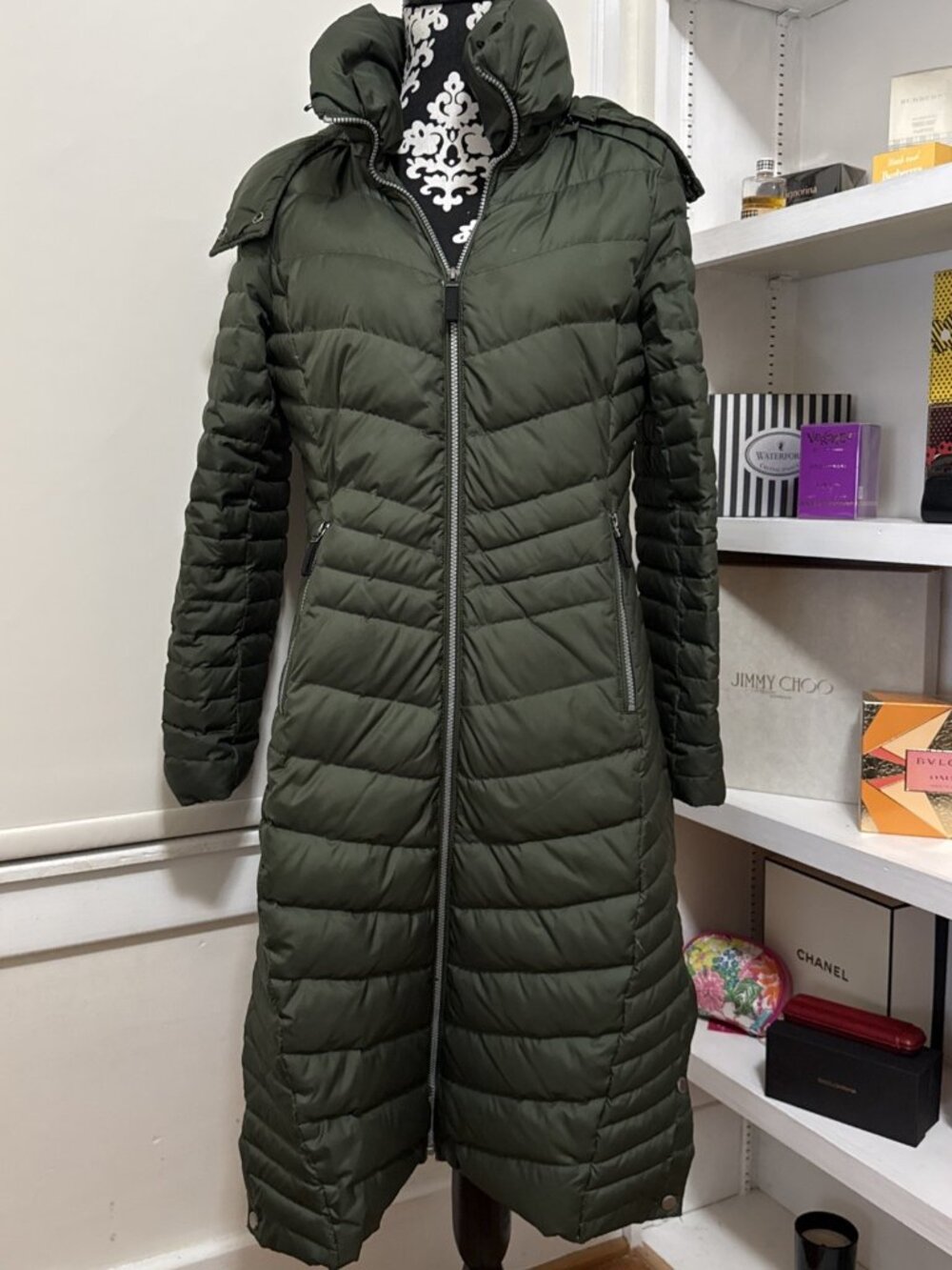 Marc New York Down filled Long, Puffer Jacket Medium Army Green Removable Hood